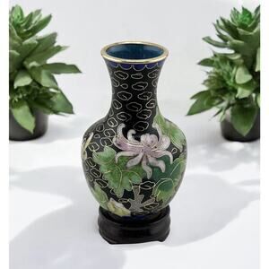 Vintage Mini Chinese Enameled Cloisonne Vase w/ Stand 3 inch Black Floral Blue